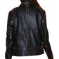 LJF0002 Women’s Black Studded Biker Leather Jacket — Silver & Golden Pyramid Studs