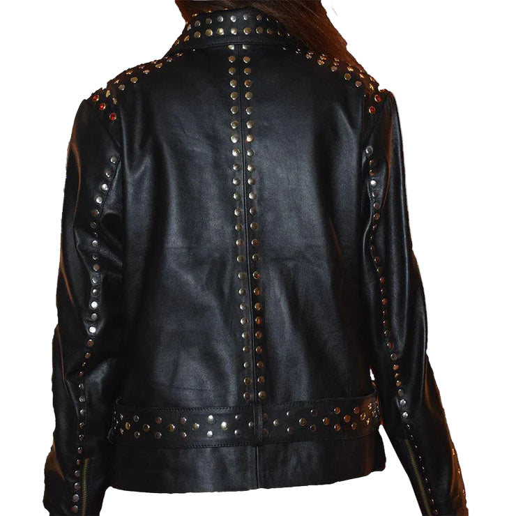 LJF0002 Women’s Black Studded Biker Leather Jacket — Silver & Golden Pyramid Studs