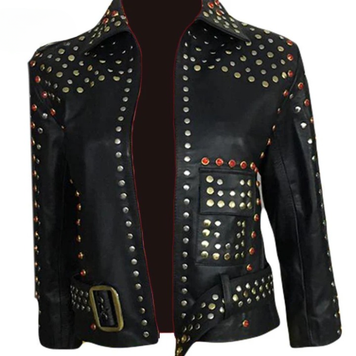 LJF0002 Women’s Black Studded Biker Leather Jacket — Silver & Golden Pyramid Studs