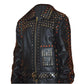 LJF0002 Women’s Black Studded Biker Leather Jacket — Silver & Golden Pyramid Studs