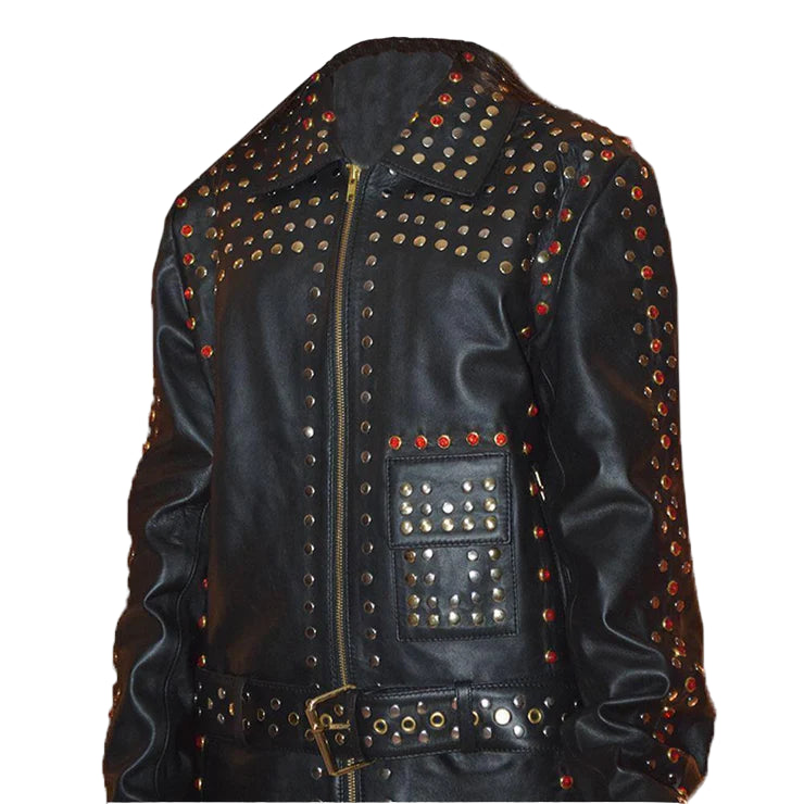 LJF0002 Women’s Black Studded Biker Leather Jacket — Silver & Golden Pyramid Studs