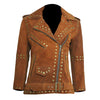 LJF0003 Women’s Brown Studded Brando Suede Leather Jacket with Silver Accents and golden Accents Coat