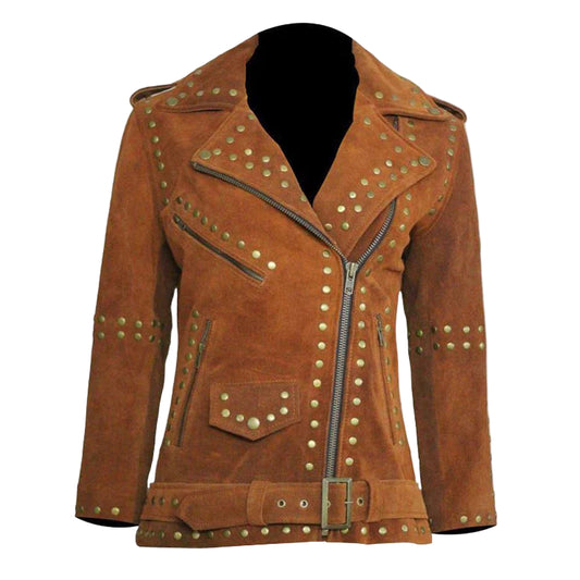 LJF0003 Women’s Brown Studded Brando Suede Leather Jacket with Silver Accents and golden Accents Coat