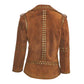 LJF0003 Women’s Brown Studded Brando Suede Leather Jacket with Silver Accents and golden Accents Coat