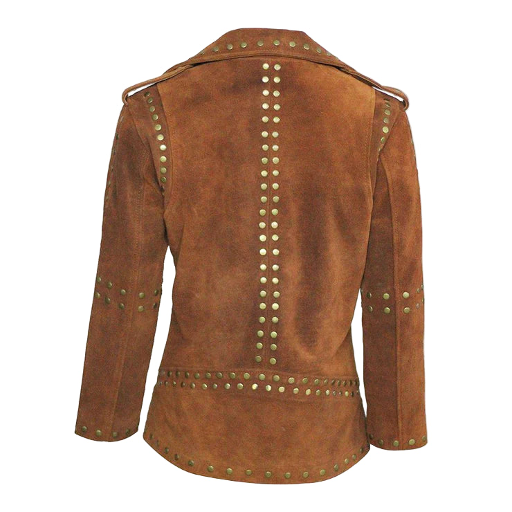 LJF0003 Women’s Brown Studded Brando Suede Leather Jacket with Silver Accents and golden Accents Coat