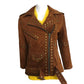 LJF0003 Women’s Brown Studded Brando Suede Leather Jacket with Silver Accents and golden Accents Coat