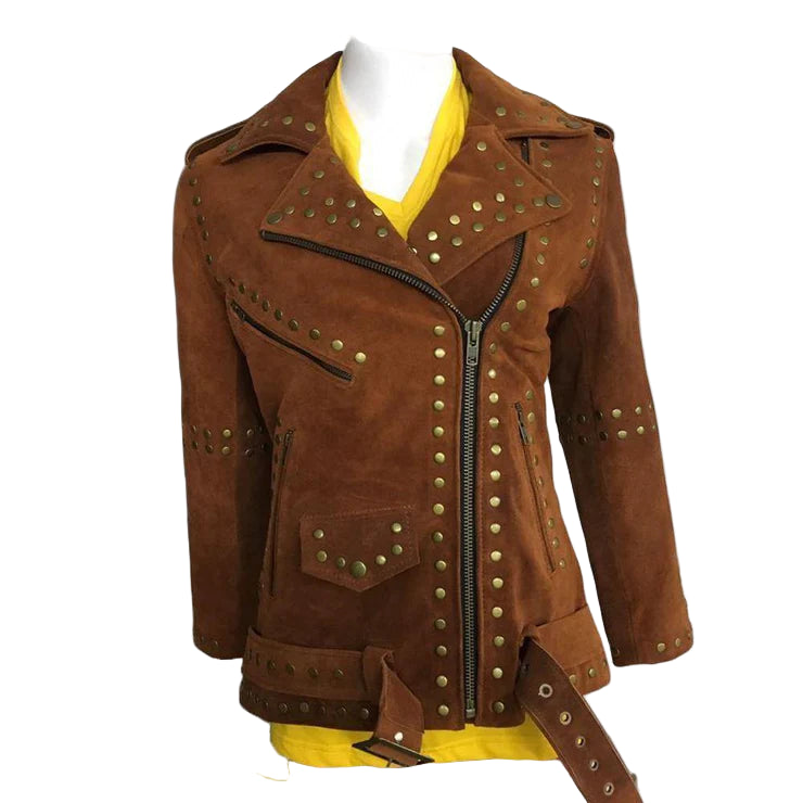 LJF0003 Women’s Brown Studded Brando Suede Leather Jacket with Silver Accents and golden Accents Coat