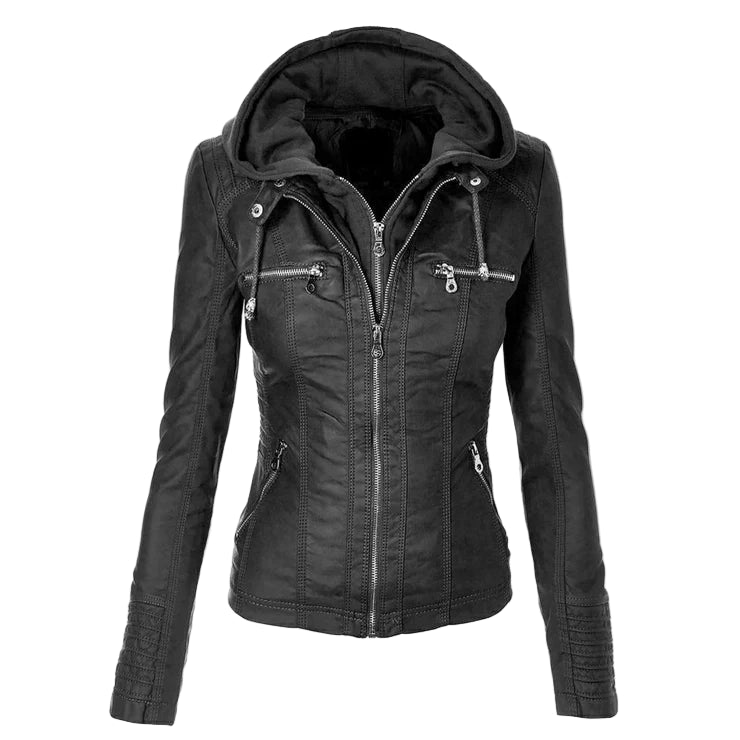 LJF0005 Women’s Black Biker Real Leather Jacket with Detachable Hoodie – Stylish & Functional