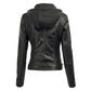 LJF0005 Women’s Black Biker Real Leather Jacket with Detachable Hoodie – Stylish & Functional
