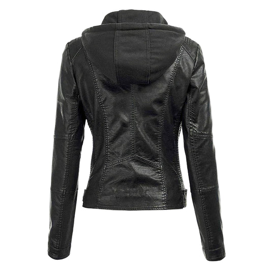 LJF0005 Women’s Black Biker Real Leather Jacket with Detachable Hoodie – Stylish & Functional