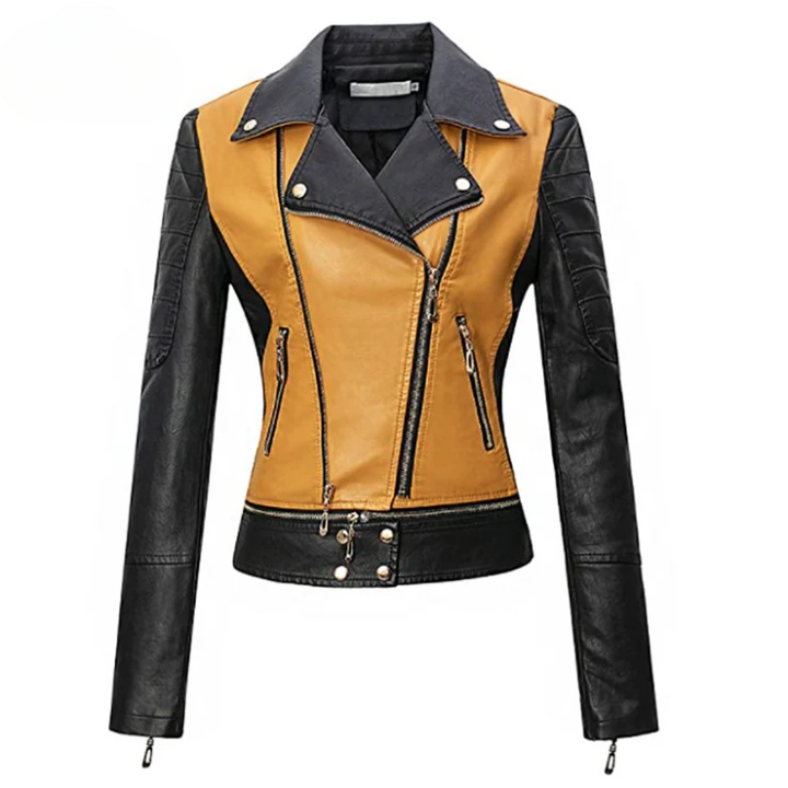 LJF0008 Women’s Tan‑Ming Real Faux‑Leather Moto Jacket – Slim Fit Biker Style, Modern Edge