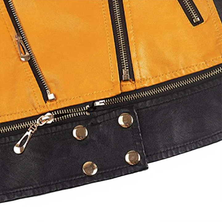 LJF0008 Women’s Tan‑Ming Real Faux‑Leather Moto Jacket – Slim Fit Biker Style, Modern Edge