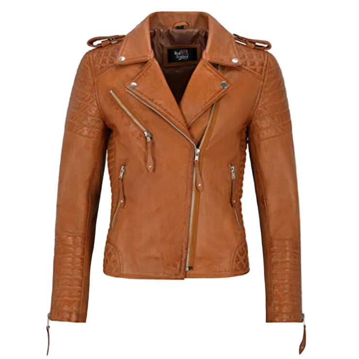 LJF0009 Women’s Premium Café Racer Biker Jacket – Slim Fit Modern Moto Style with Cross-Zip Front & Stylish Quilted Detailing