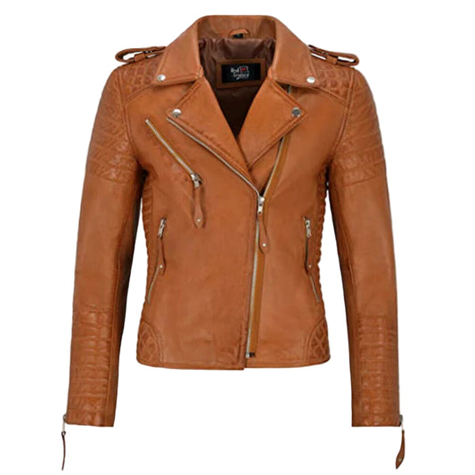 LJF0009 Women’s Premium Café Racer Biker Jacket – Slim Fit Modern Moto Style with Cross-Zip Front & Stylish Quilted Detailing