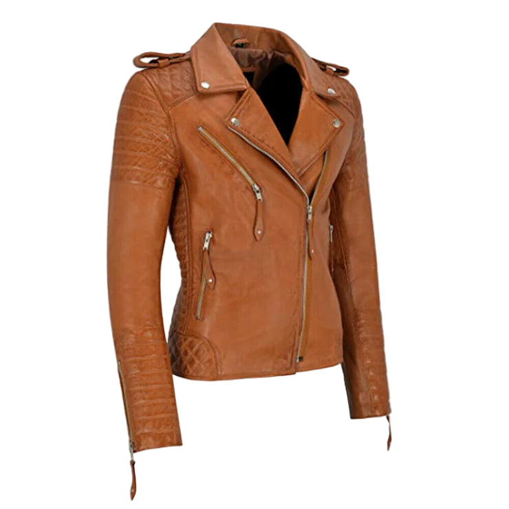 LJF0009 Women’s Premium Café Racer Biker Jacket – Slim Fit Modern Moto Style with Cross-Zip Front & Stylish Quilted Detailing