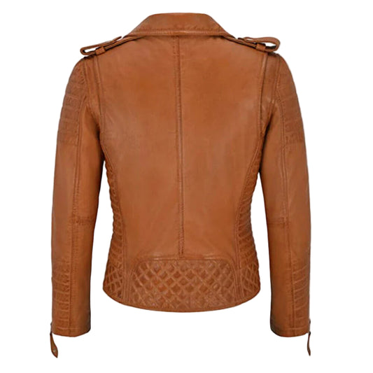 LJF0009 Women’s Premium Café Racer Biker Jacket – Slim Fit Modern Moto Style with Cross-Zip Front & Stylish Quilted Detailing