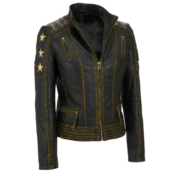 LJF0010 Women’s Distressed Brown Star Café Racer Genuine Leather Jacket – Slim Fit Vintage Biker Style