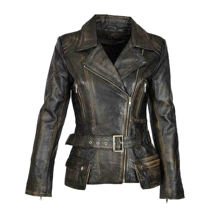 LJF0011 Women’s Vintage Café Racer Real Leather Jacket – Distressed Black Slim Fit, Star-Detail Biker Style