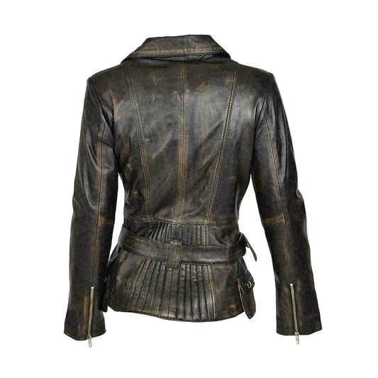 LJF0011 Women’s Vintage Café Racer Real Leather Jacket – Distressed Black Slim Fit, Star-Detail Biker Style