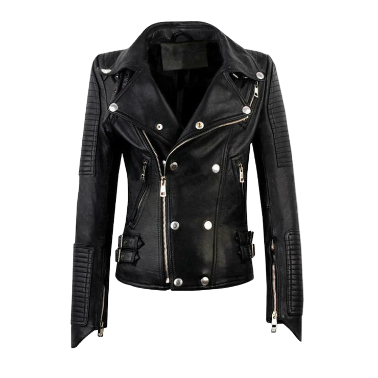 LJF0012 Women’s Black Motorcycle Bomber Real Leather Jacket – Biker Slim Fit, Cross-Zip & Stylish Finish