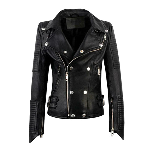 LJF0012 Women’s Black Motorcycle Bomber Real Leather Jacket – Biker Slim Fit, Cross-Zip & Stylish Finish