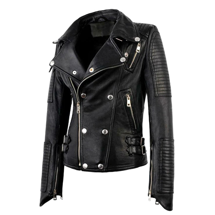 LJF0012 Women’s Black Motorcycle Bomber Real Leather Jacket – Biker Slim Fit, Cross-Zip & Stylish Finish