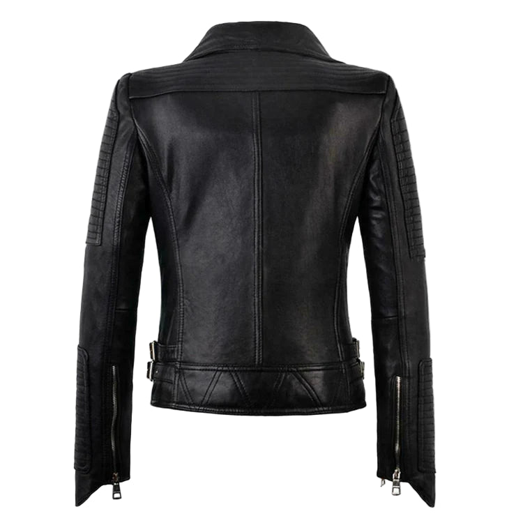 LJF0012 Women’s Black Motorcycle Bomber Real Leather Jacket – Biker Slim Fit, Cross-Zip & Stylish Finish