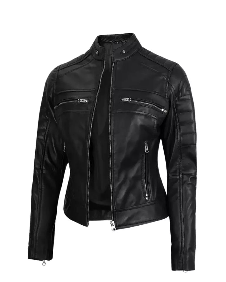 LJF0013 Women’s Black Café Racer Real Leather Jacket – Sleek Moto Style & Premium Finish