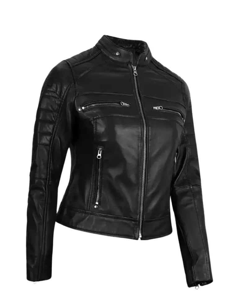 LJF0013 Women’s Black Café Racer Real Leather Jacket – Sleek Moto Style & Premium Finish