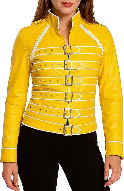 LJF0014 Women's Freddie Mercury Signature “Wembley Tribute” Premium Yellow Faux Leather Performance Jacket – Iconic Rockstar Stage Edition