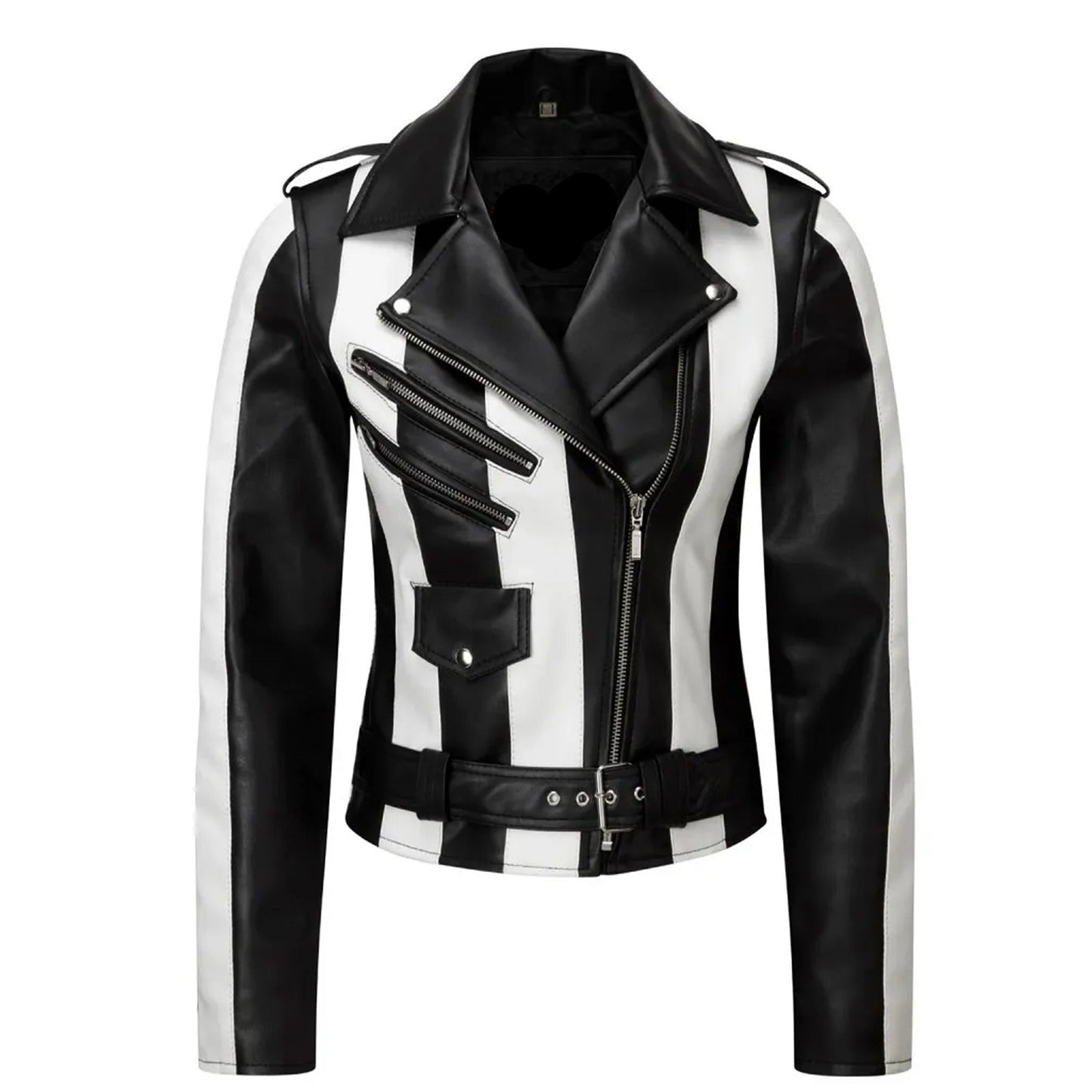 LJF0015 Women's Zebra-Inspired Biker Leather Jacket – Bold Black & White Moto Statement Outerwear