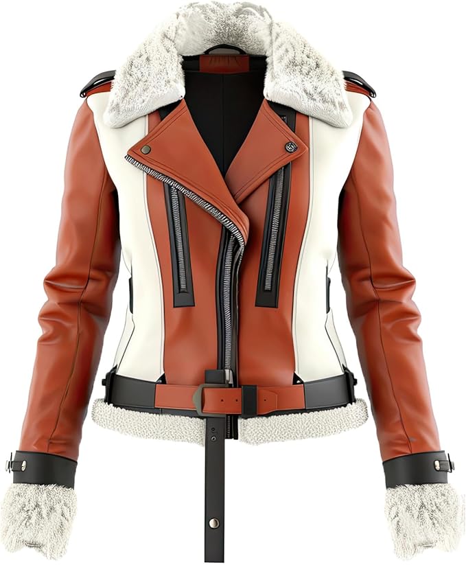LJF0016 Women’s Brown & White Premium Leather Winter Jacket with Plush Sherpa-Style Collar | Warm, Trendy & Ultra-Comfort Fit
