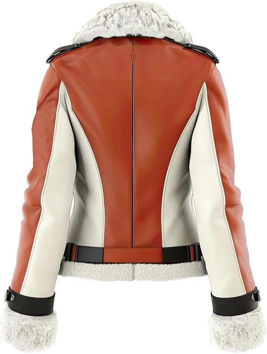 LJF0016 Women’s Brown & White Premium Leather Winter Jacket with Plush Sherpa-Style Collar | Warm, Trendy & Ultra-Comfort Fit