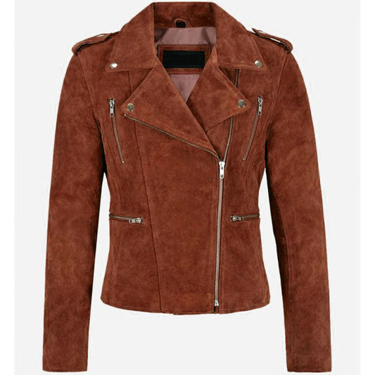 LJF0017 Women’s Premium Brown Suede Moto Jacket – Slim-Fit Zip Style with Chic Modern Cut