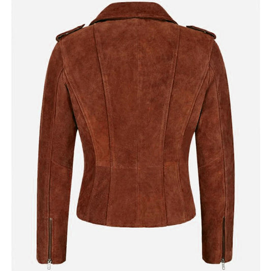 LJF0017 Women’s Premium Brown Suede Moto Jacket – Slim-Fit Zip Style with Chic Modern Cut