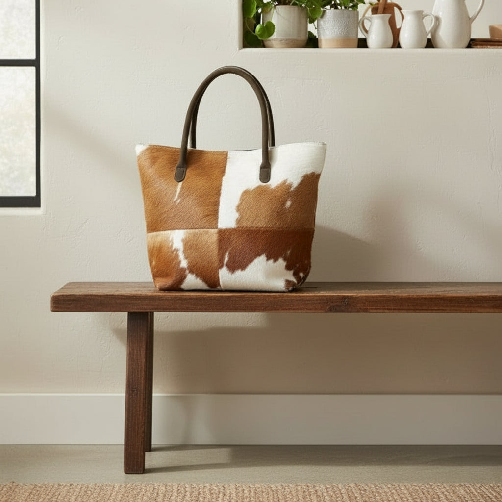 WB001 Women’s Brown & White Hair-On Cowhide Tote Bag – Genuine Cowhide, Rustic & Natural Style