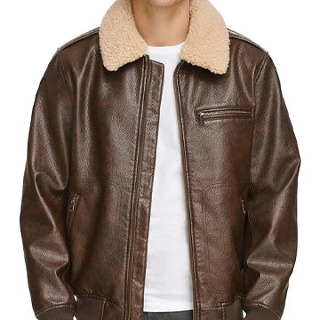 FJM003 Men’s Real Sheepskin Leather Brown Bomber Jacket