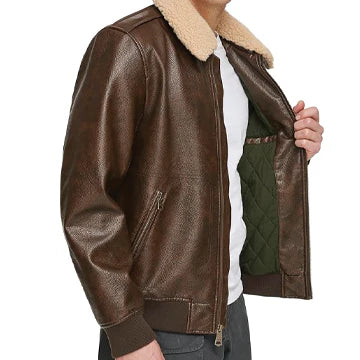 FJM003 Men’s Real Sheepskin Leather Brown Bomber Jacket