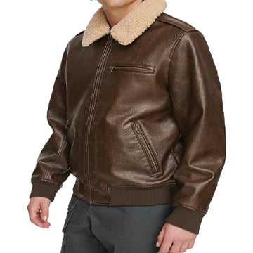 FJM003 Men’s Real Sheepskin Leather Brown Bomber Jacket