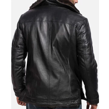 MFC07 Black Aviator Fox-Fur Collar Real Leather Coat – Premium Shearling Lined Winter Jacket