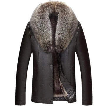 MFC08 Aviator Real Leather Coat with Removable Fox Fur Collar – Black & Brown