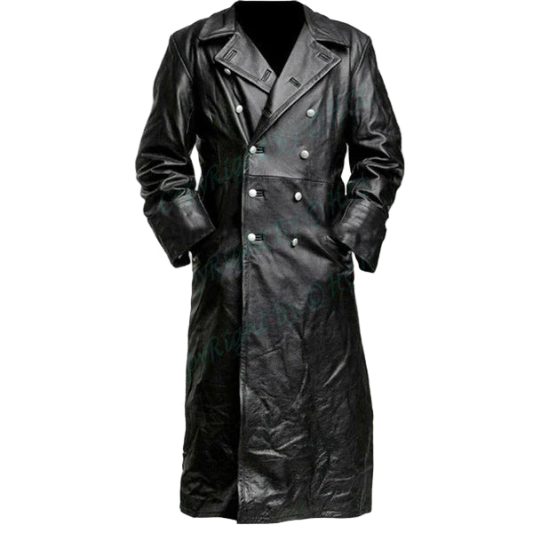 C004 Black German Army Classic Leather Trench Coat – Genuine Cowhide Long Military Style