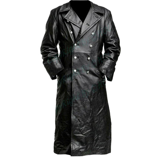 C004 Black German Army Classic Leather Trench Coat – Genuine Cowhide Long Military Style