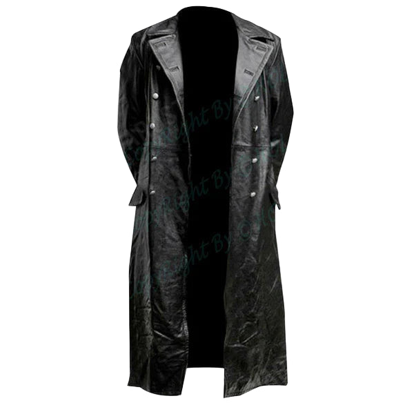 C004 Black German Army Classic Leather Trench Coat – Genuine Cowhide Long Military Style