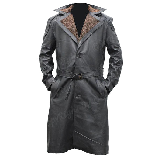 C006 Men’s  German WW2 Brown Belted Fur Lapel Leather Trench Coat – Genuine Cowhide Long Winter Coat