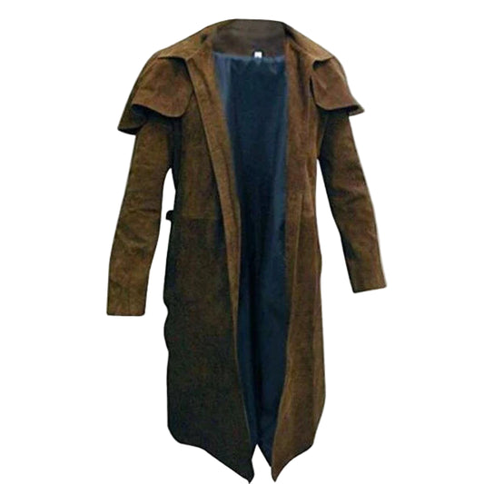 C007 Men’s A7 Vegas Brown Genuine Leather Trench Coat – Real Suede Finish Long Style