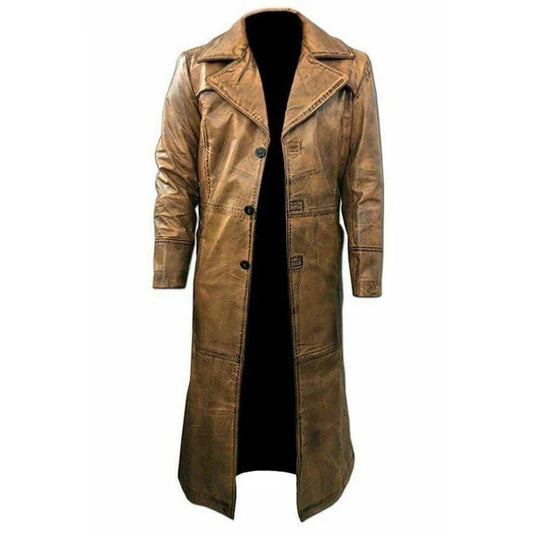 C008 Men’s  Vintage Distressed Brown Genuine Leather Trench Coat – Long Jacket