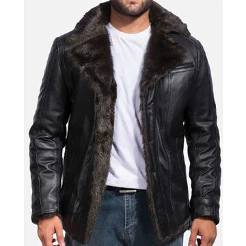 MFC07 Black Aviator Fox-Fur Collar Real Leather Coat – Premium Shearling Lined Winter Jacket